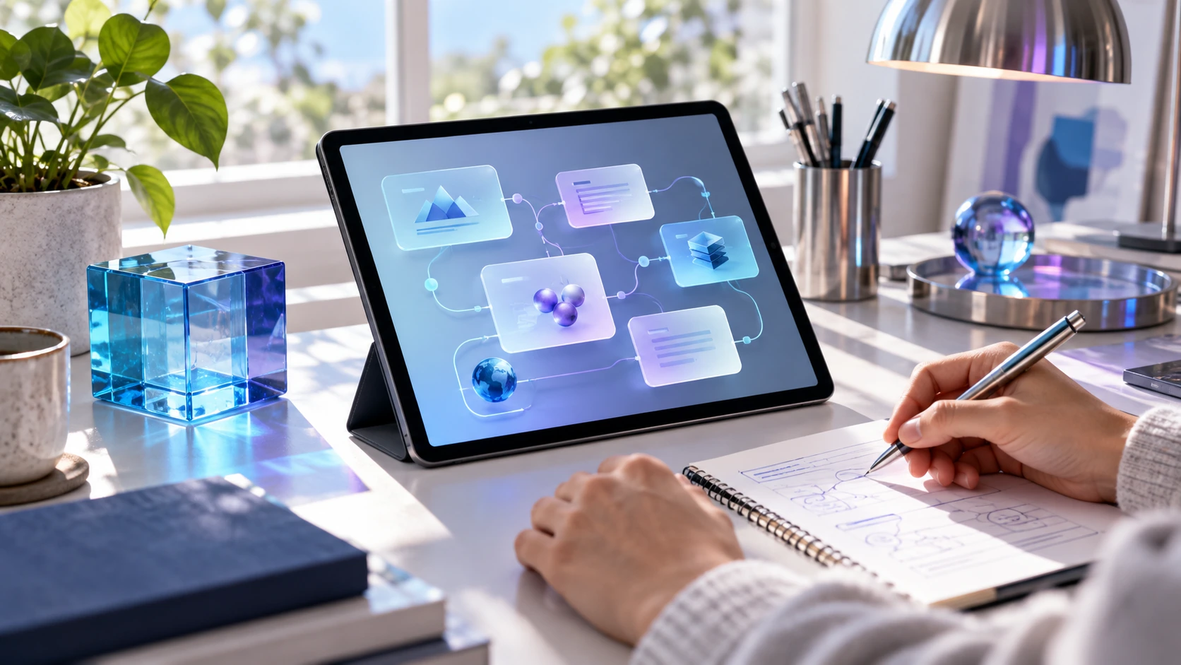 A study desk with connected concept cards